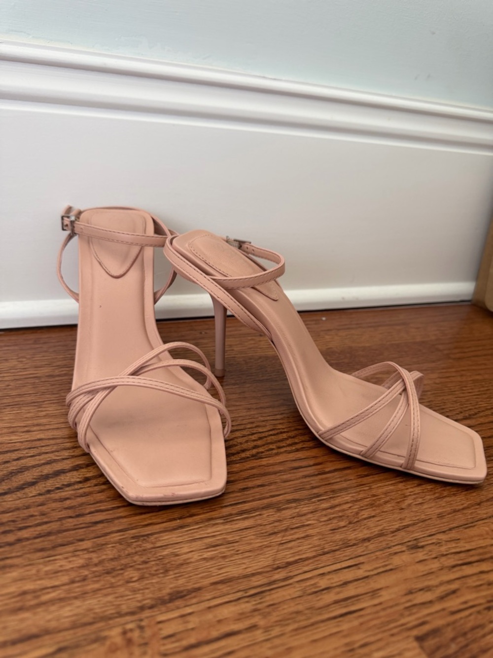 SCHUTZ Blush Pink Strappy Square-Toe Stiletto Sandals